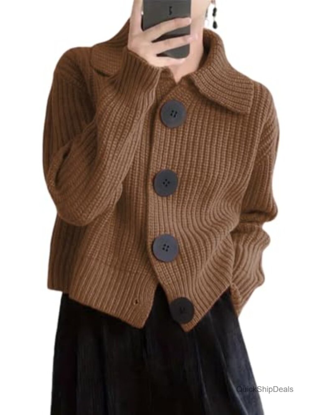 Cropped Button Down Chunky Knit Cardigan Sweater Jacket Work Casual